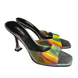 NINE WEST Zooza 3 Heeled Sandal Iridescent Heels Clear Heel Vintage Size 9.5M